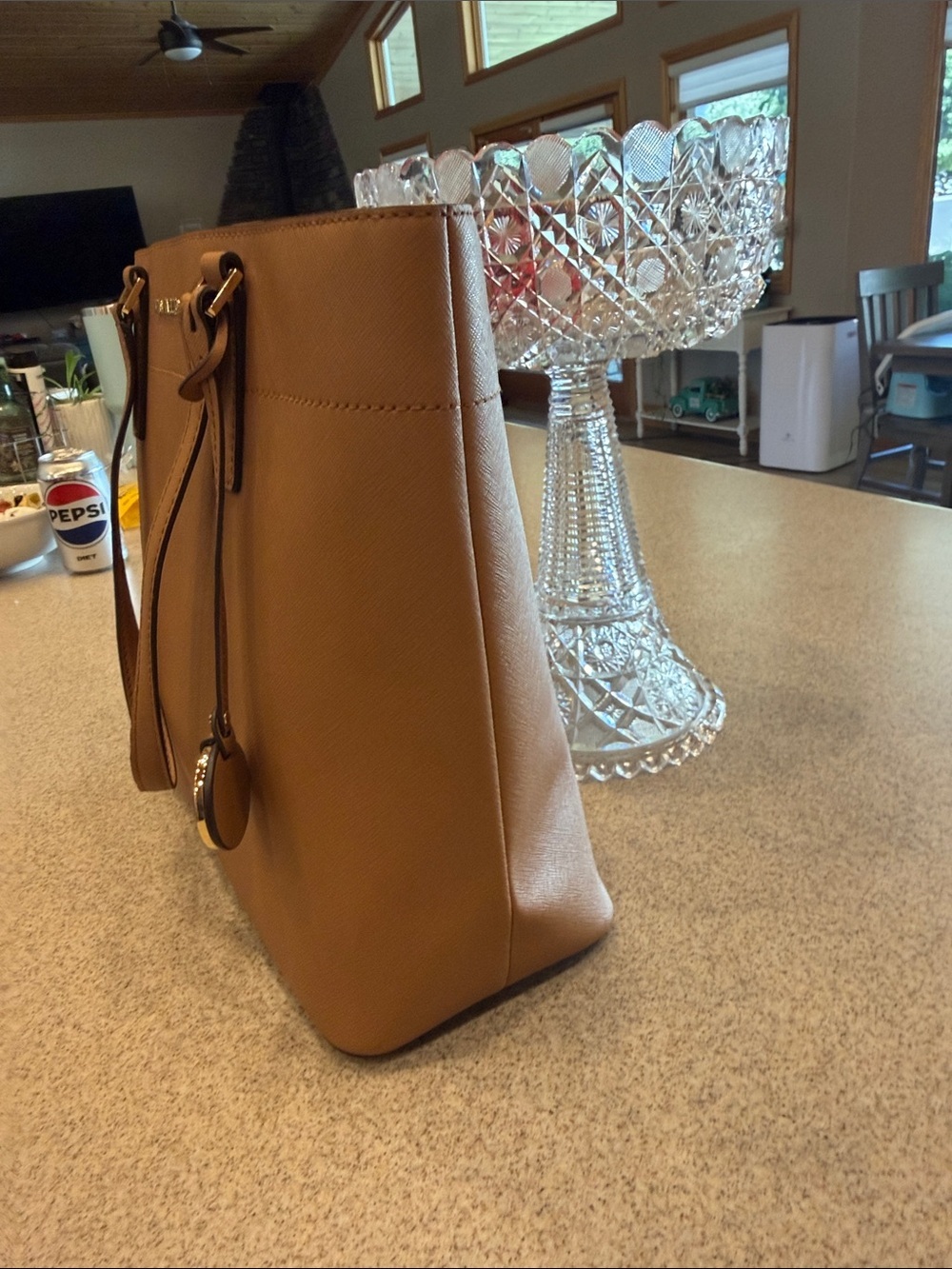 Michael Kors Tan Saffiano Leather Structured Tote with MK Charm - Picture 5 of 15